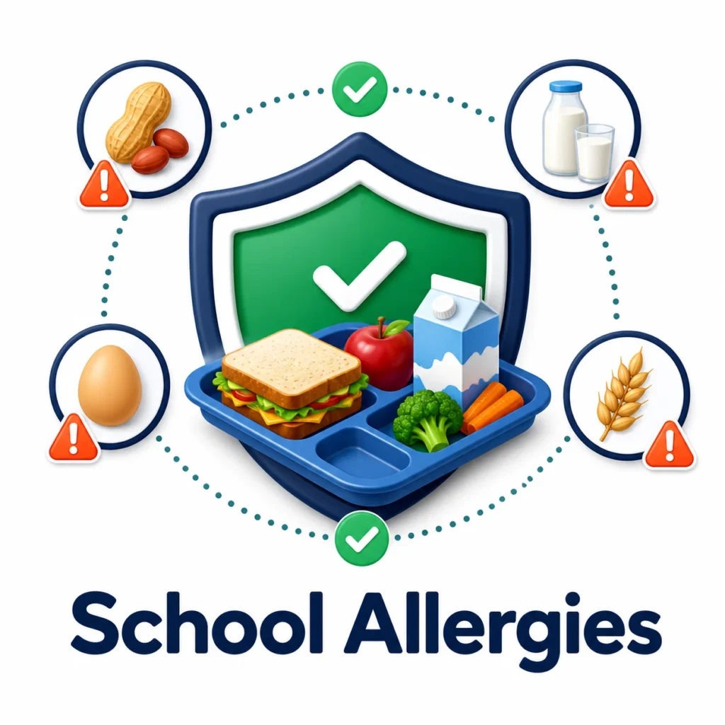 School allergies: a lunchbox with warning symbols for peanuts, milk, eggs, and wheat